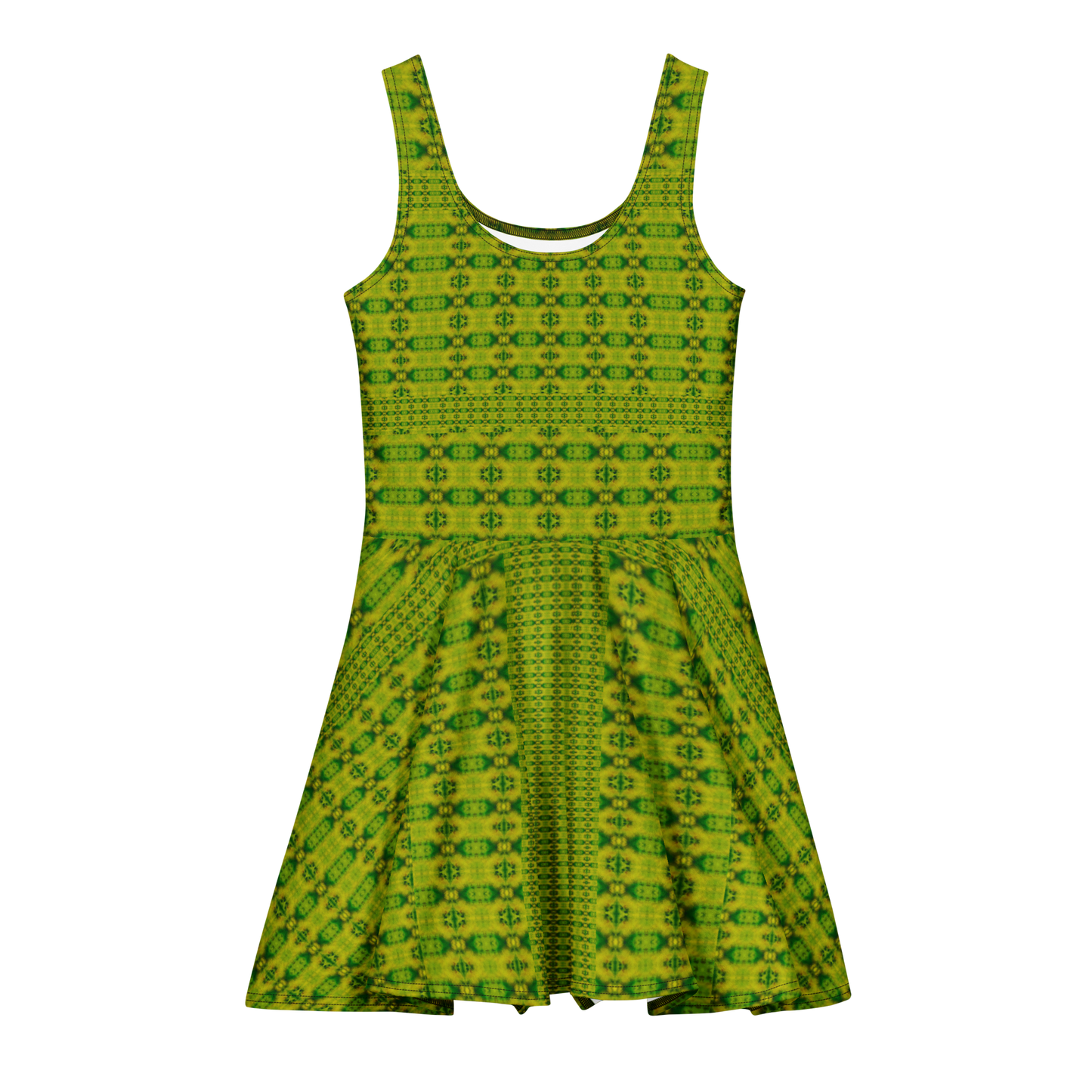 Purely Jade Light sleeveless Cotton Skater Dress with yellow-green jade-light print, front view with scoop neckline and flared skirt