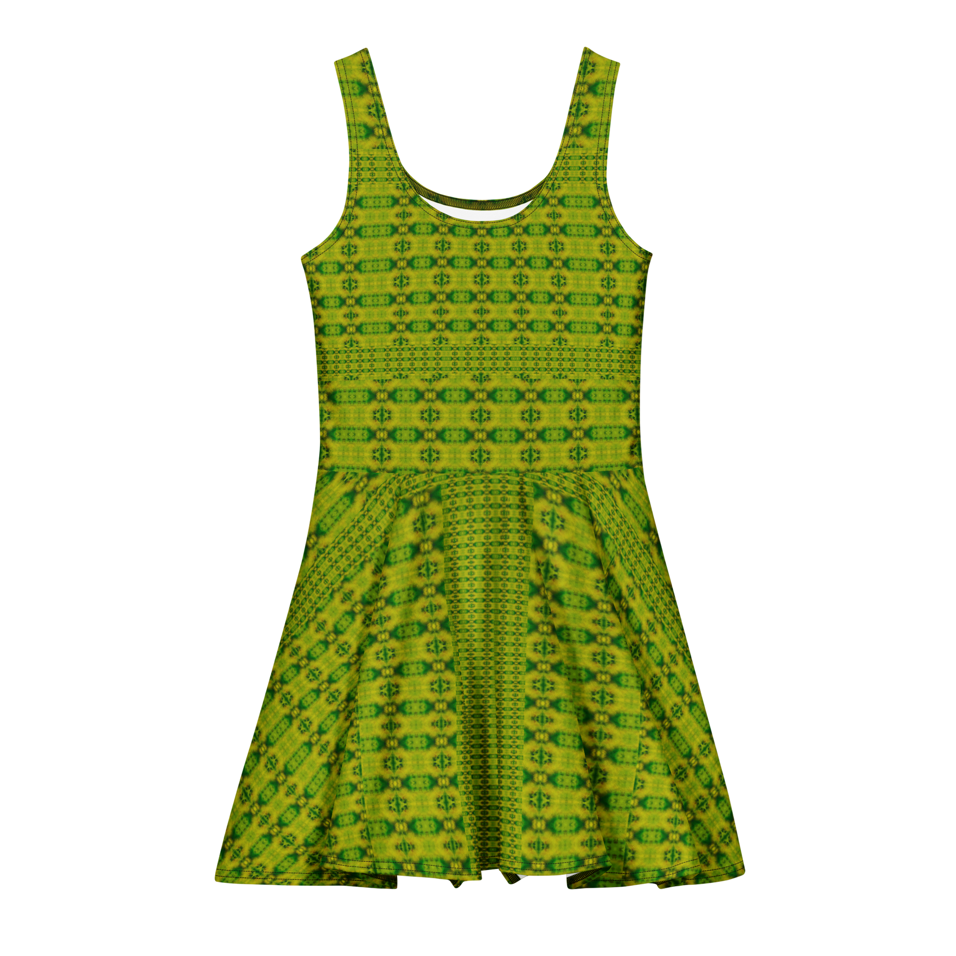 Purely Jade Light sleeveless Cotton Skater Dress with yellow-green jade-light print, front view with scoop neckline and flared skirt