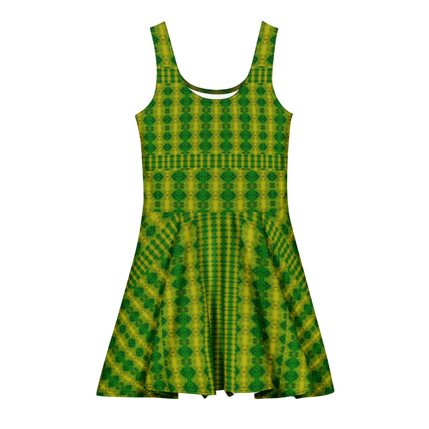 Purely Jade Light sleeveless Cotton Skater Dress with yellow-green and green jade-light print, front view with scoop neckline and flared skirt