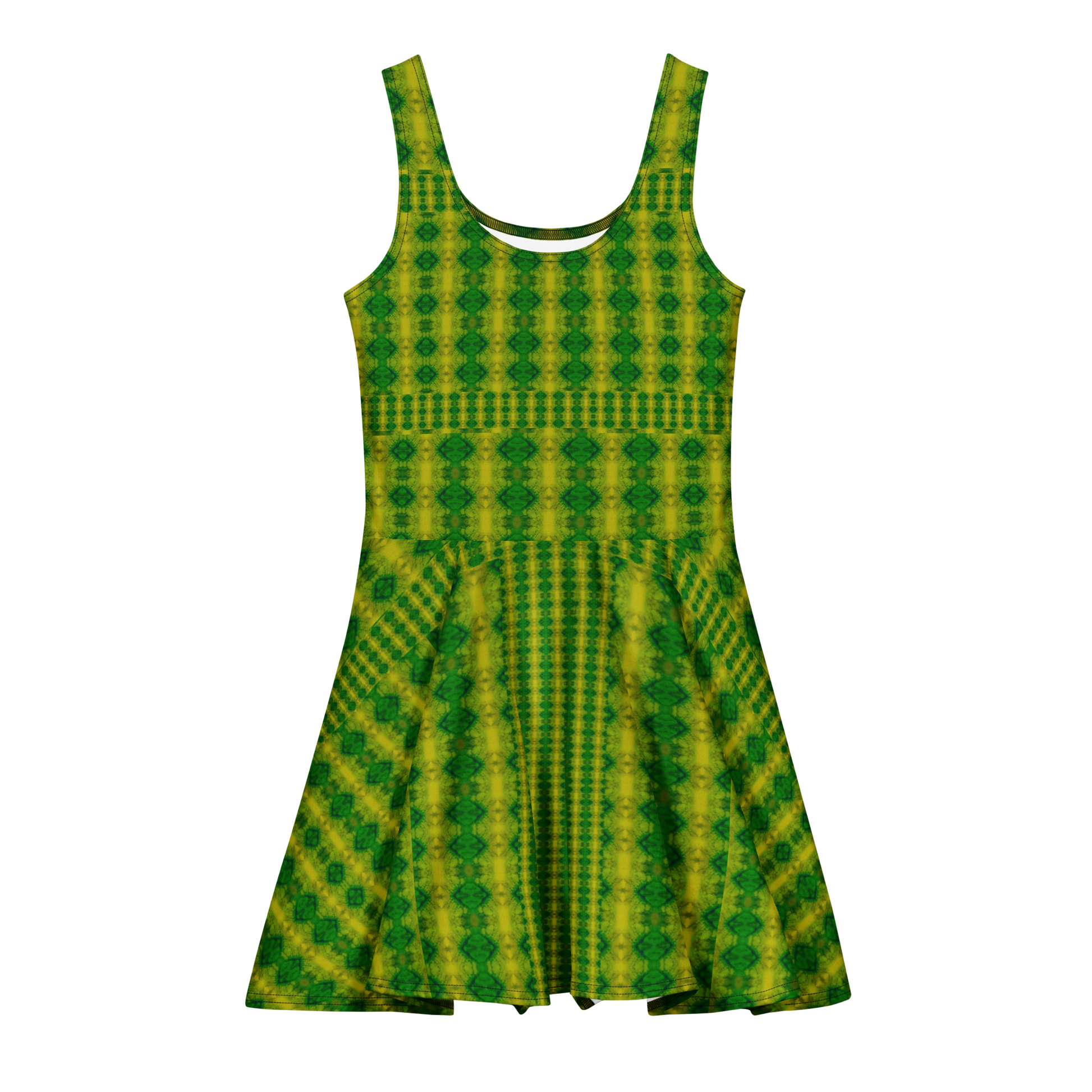 Purely Jade Light sleeveless Cotton Skater Dress with yellow-green and green jade-light print, front view with scoop neckline and flared skirt