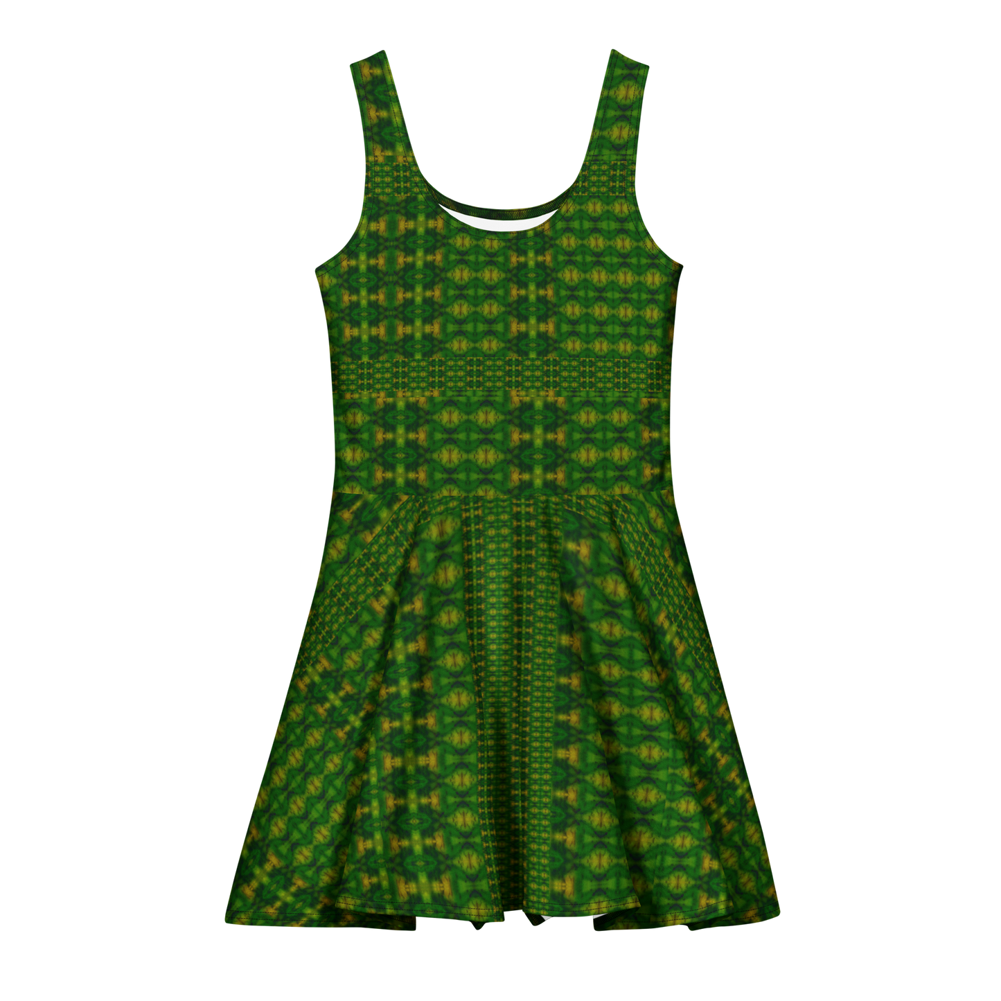 Purely Jade Light sleeveless Cotton Skater Dress with green-and-gold jade-light print, front view with scoop neckline and flared skirt