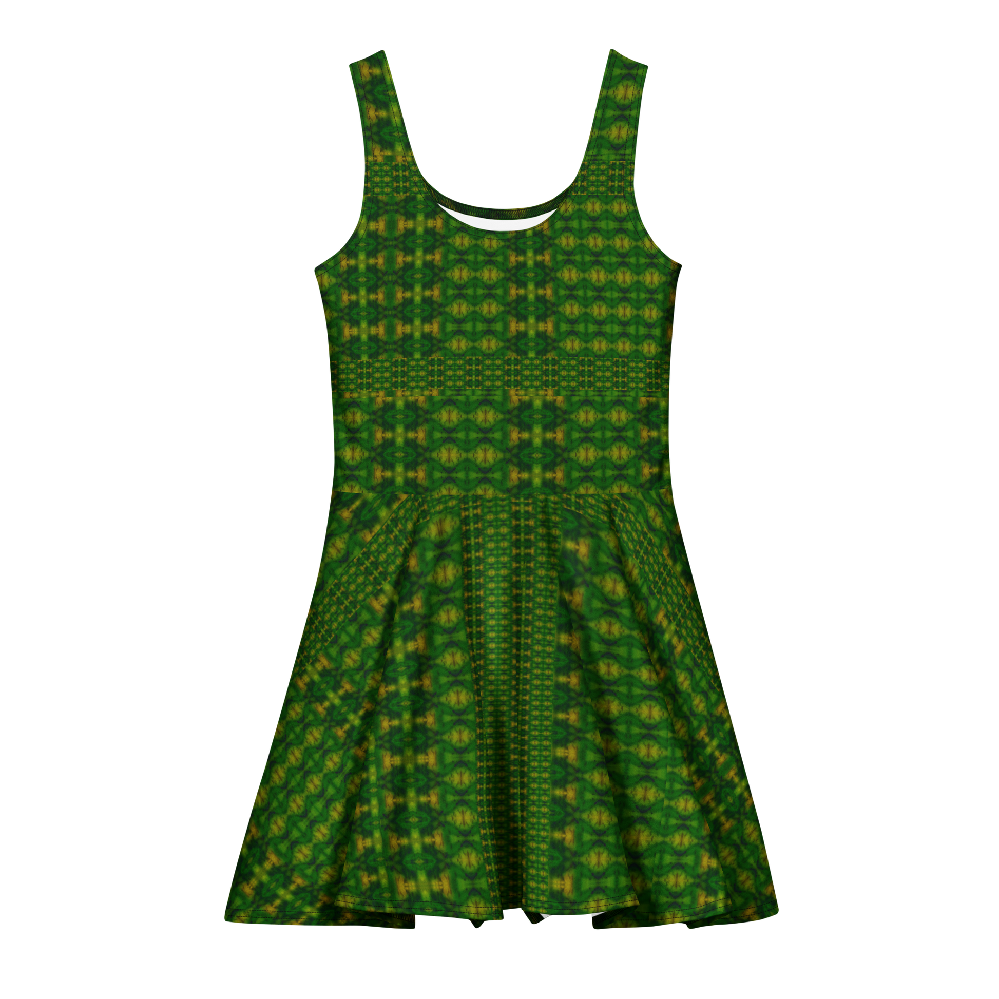 Purely Jade Light sleeveless Cotton Skater Dress with green-and-gold jade-light print, front view with scoop neckline and flared skirt