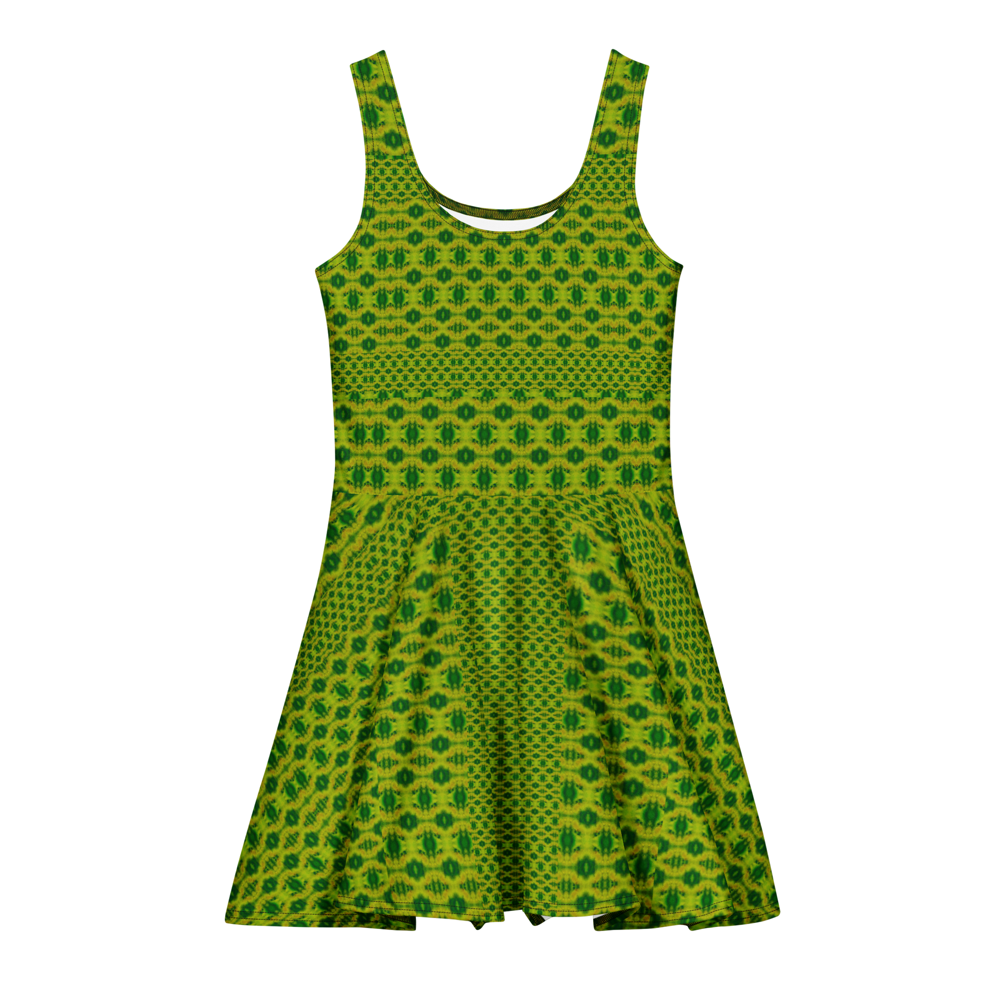 Purely Jade Light sleeveless Cotton Skater Dress with yellow-green jade-light print, front view with scoop neckline and flared skirt