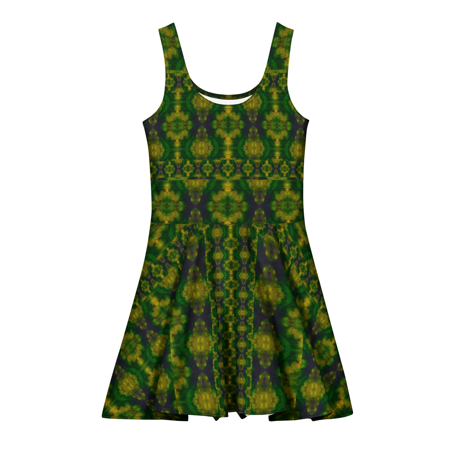 Purely Jade Light sleeveless Cotton Skater Dress with deep green jade-light print with gold and muted plum shadow, front view with scoop neckline and flared skirt