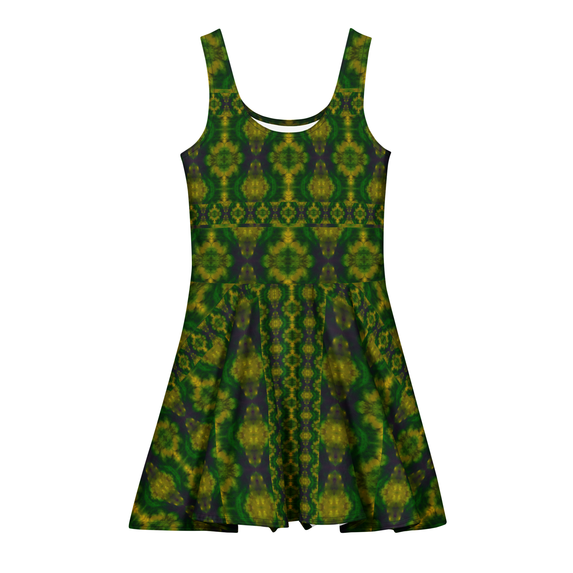 Purely Jade Light sleeveless Cotton Skater Dress with deep green jade-light print with gold and muted plum shadow, front view with scoop neckline and flared skirt