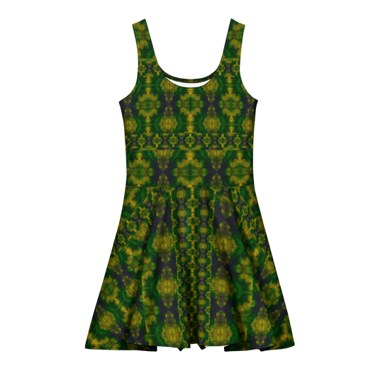 Purely Jade Light sleeveless Cotton Skater Dress with deep green jade-light print with gold and muted plum shadow, front view with scoop neckline and flared skirt