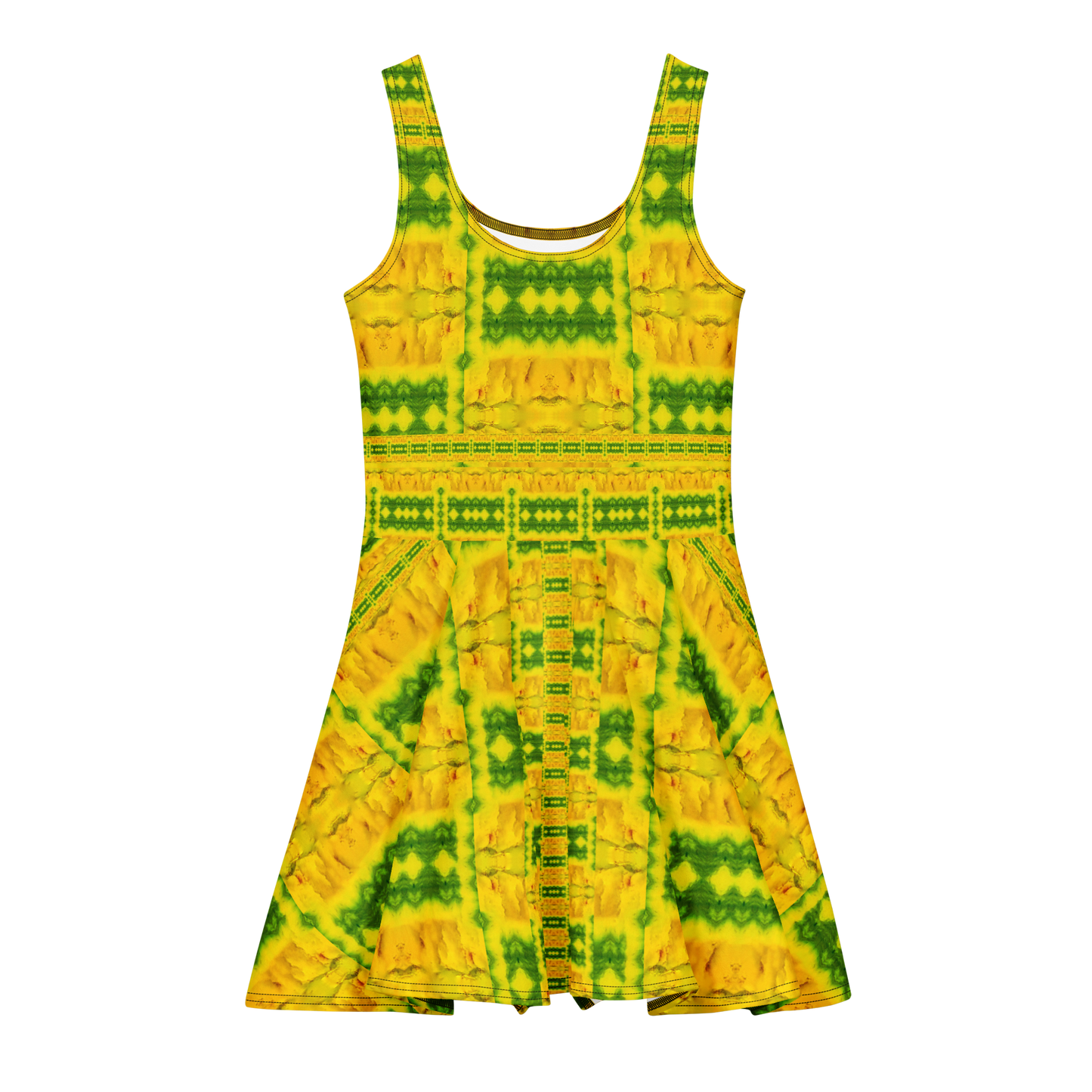 Purely Jade Light sleeveless Cotton Skater Dress with gold jade-light print with green accents, front view with scoop neckline and flared skirt