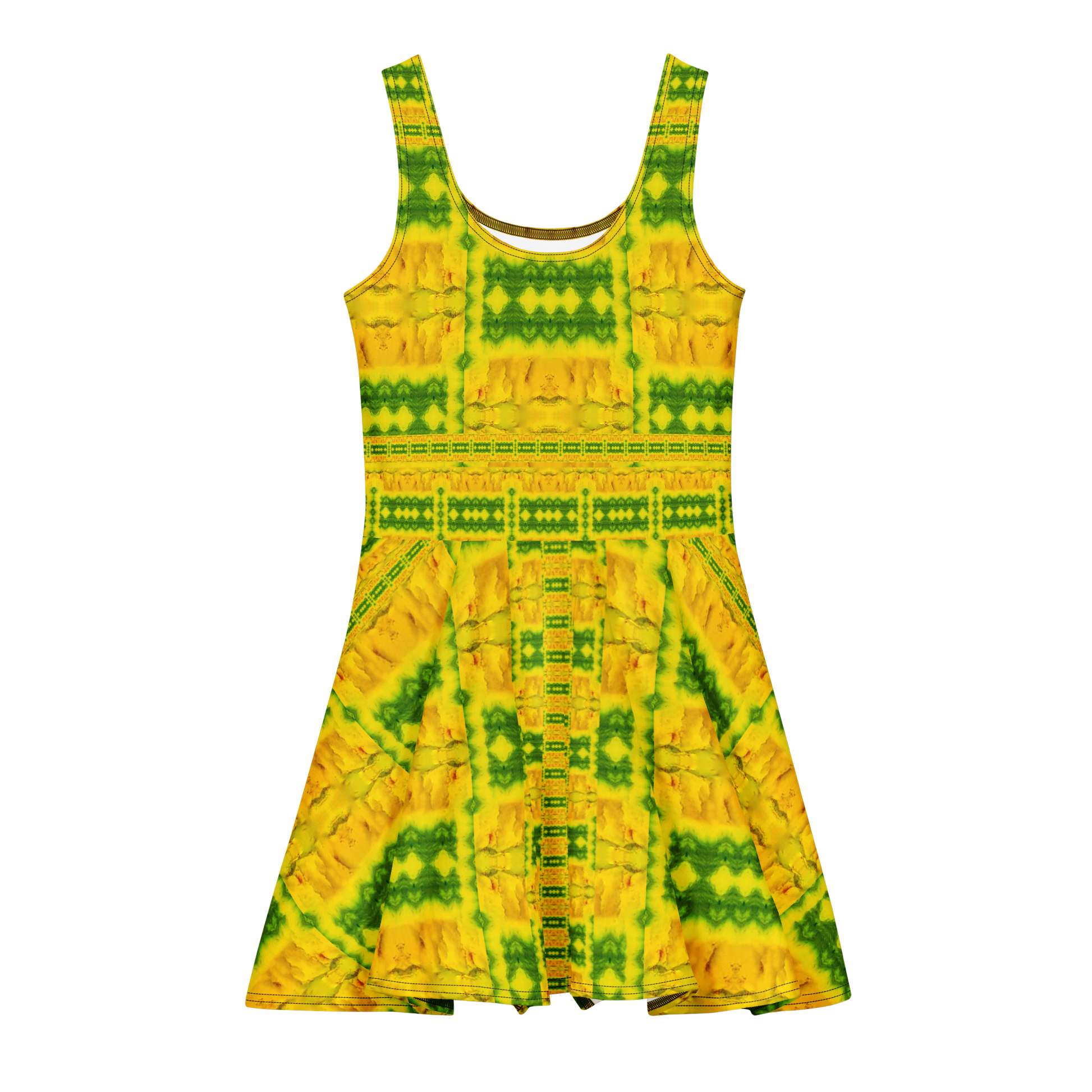 Purely Jade Light sleeveless Cotton Skater Dress with gold jade-light print with green accents, front view with scoop neckline and flared skirt