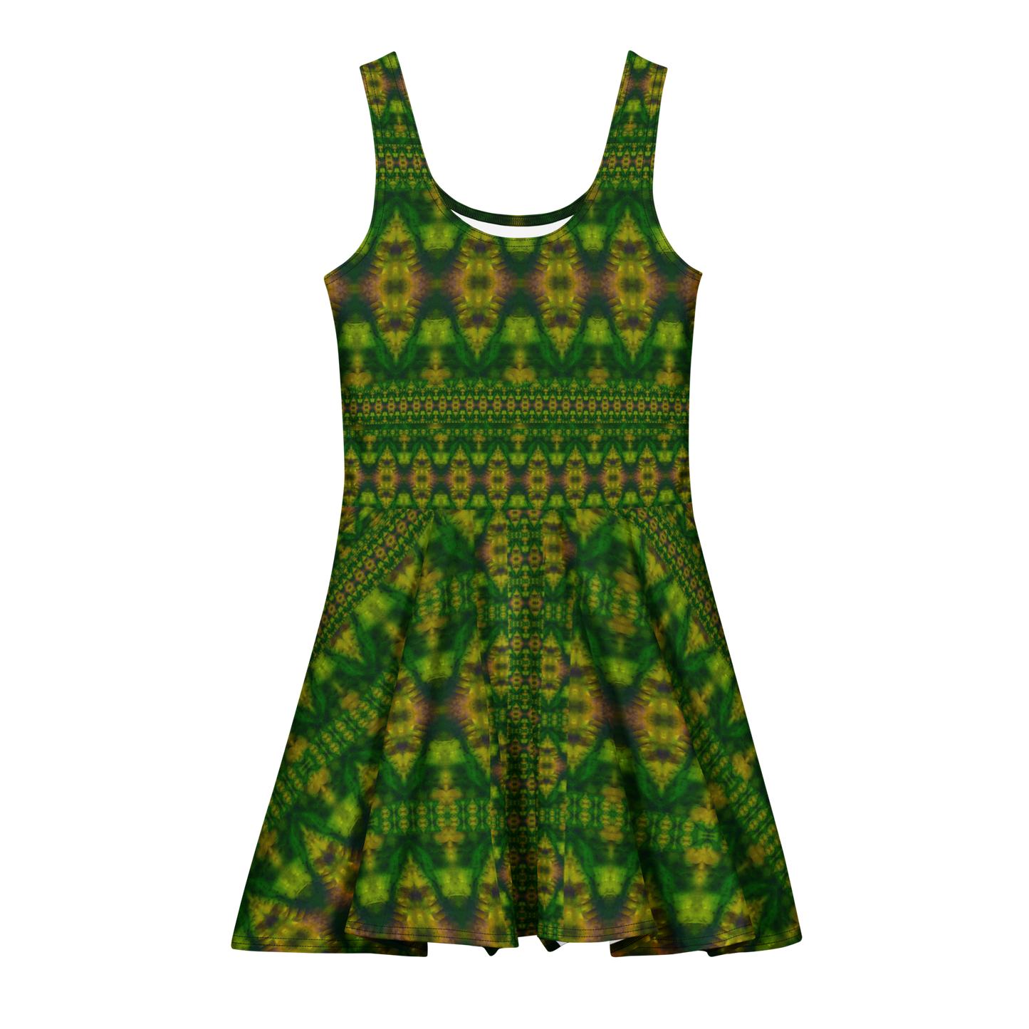 Purely Jade Light sleeveless Cotton Skater Dress with deep green jade-light print with gold and muted plum accents, front view with scoop neckline and flared skirt