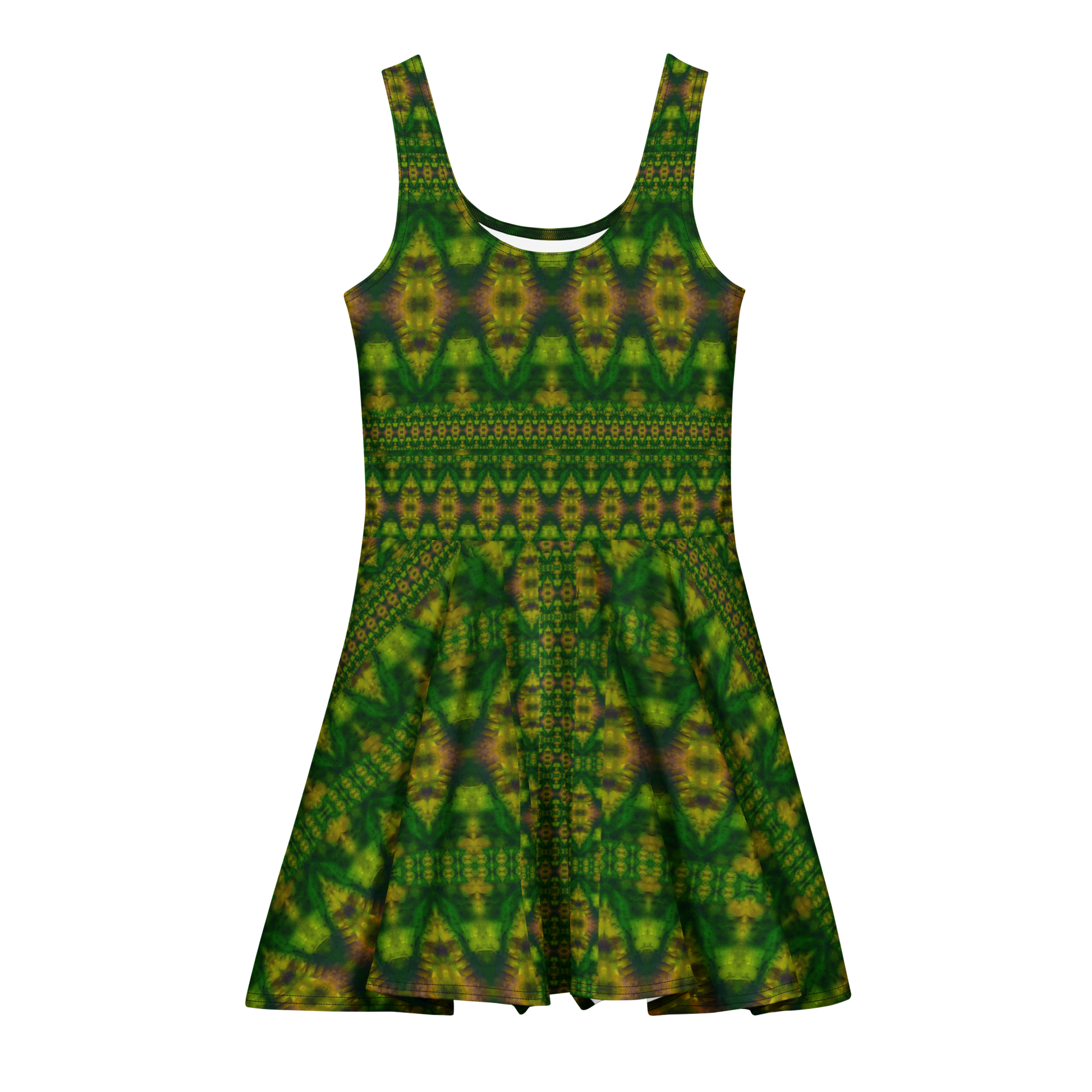 Purely Jade Light sleeveless Cotton Skater Dress with deep green jade-light print with gold and muted plum accents, front view with scoop neckline and flared skirt