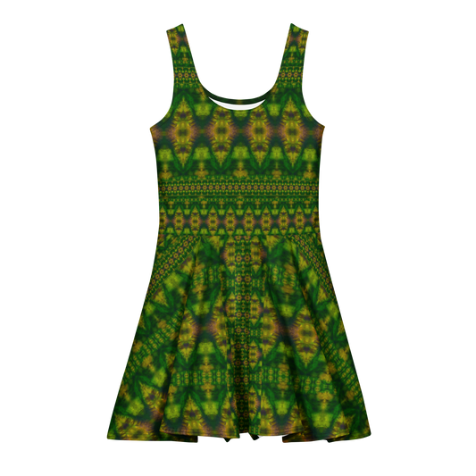 Purely Jade Light sleeveless Cotton Skater Dress with deep green jade-light print with gold and muted plum accents, front view with scoop neckline and flared skirt