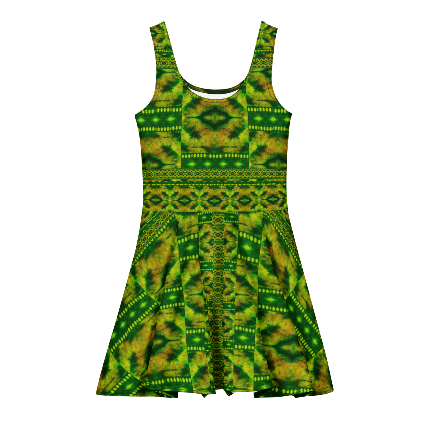 Purely Jade Light sleeveless Cotton Skater Dress with green-and-gold jade-light print with deep green bands, front view with scoop neckline and flared skirt