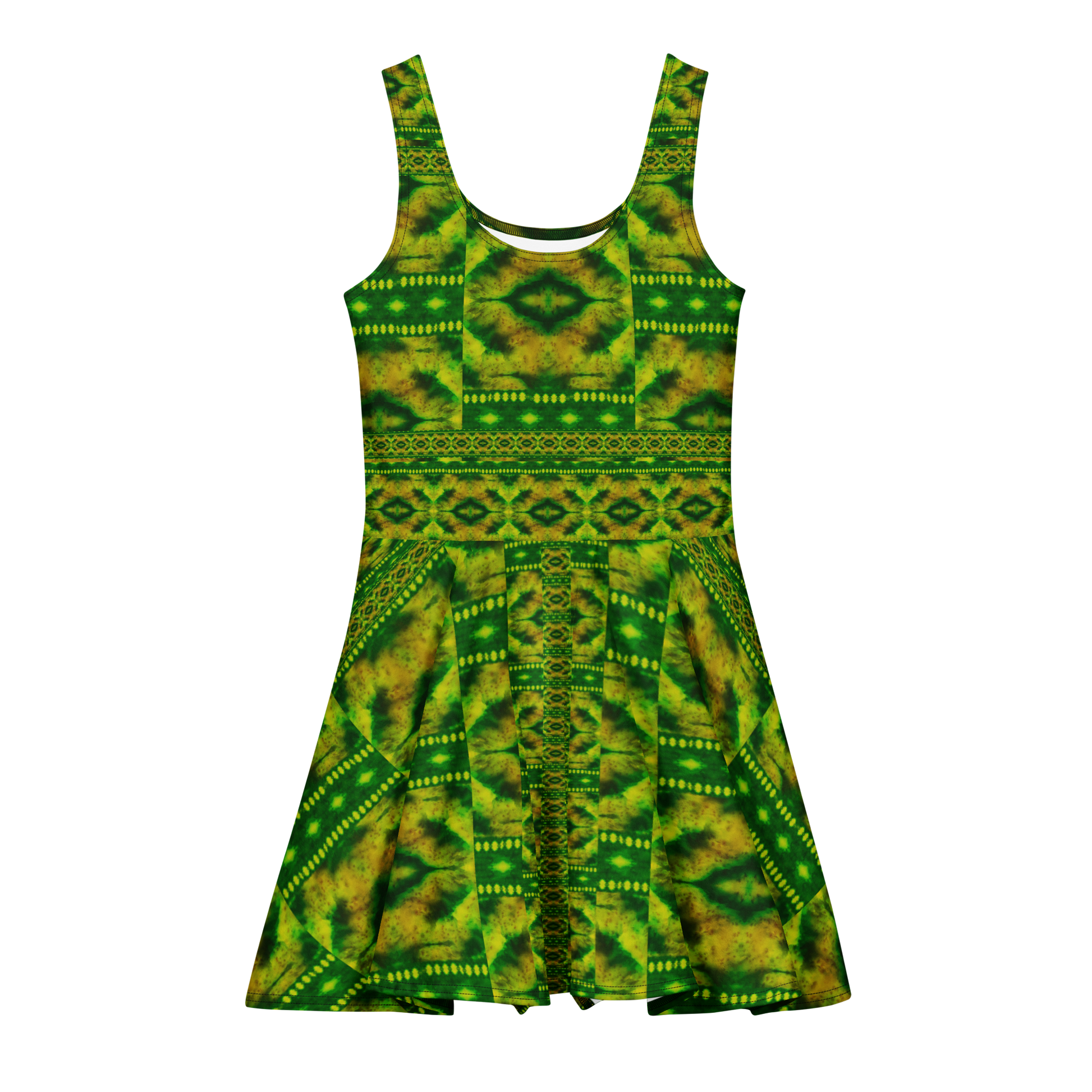 Purely Jade Light sleeveless Cotton Skater Dress with green-and-gold jade-light print with deep green bands, front view with scoop neckline and flared skirt