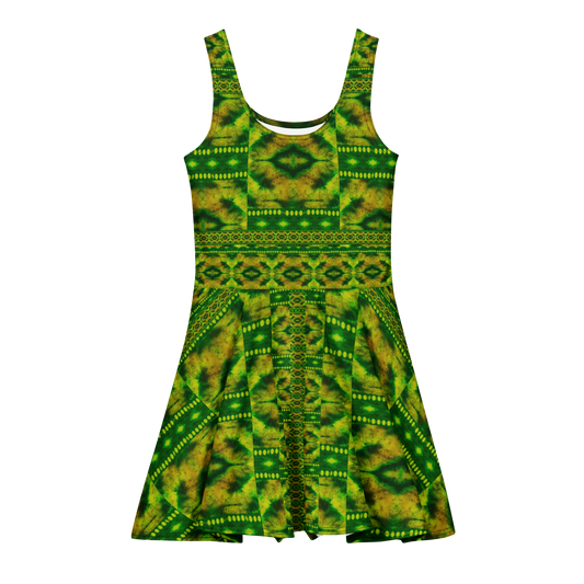 Purely Jade Light sleeveless Cotton Skater Dress with green-and-gold jade-light print with deep green bands, front view with scoop neckline and flared skirt