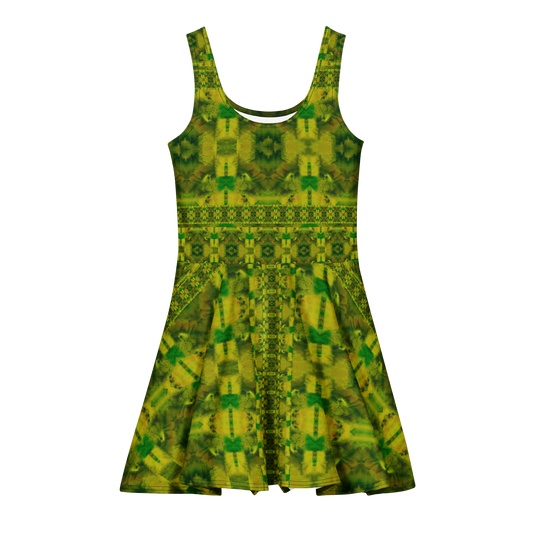 Purely Jade Light sleeveless Cotton Skater Dress with yellow-green jade-light print with green accents, front view with scoop neckline and flared skirt