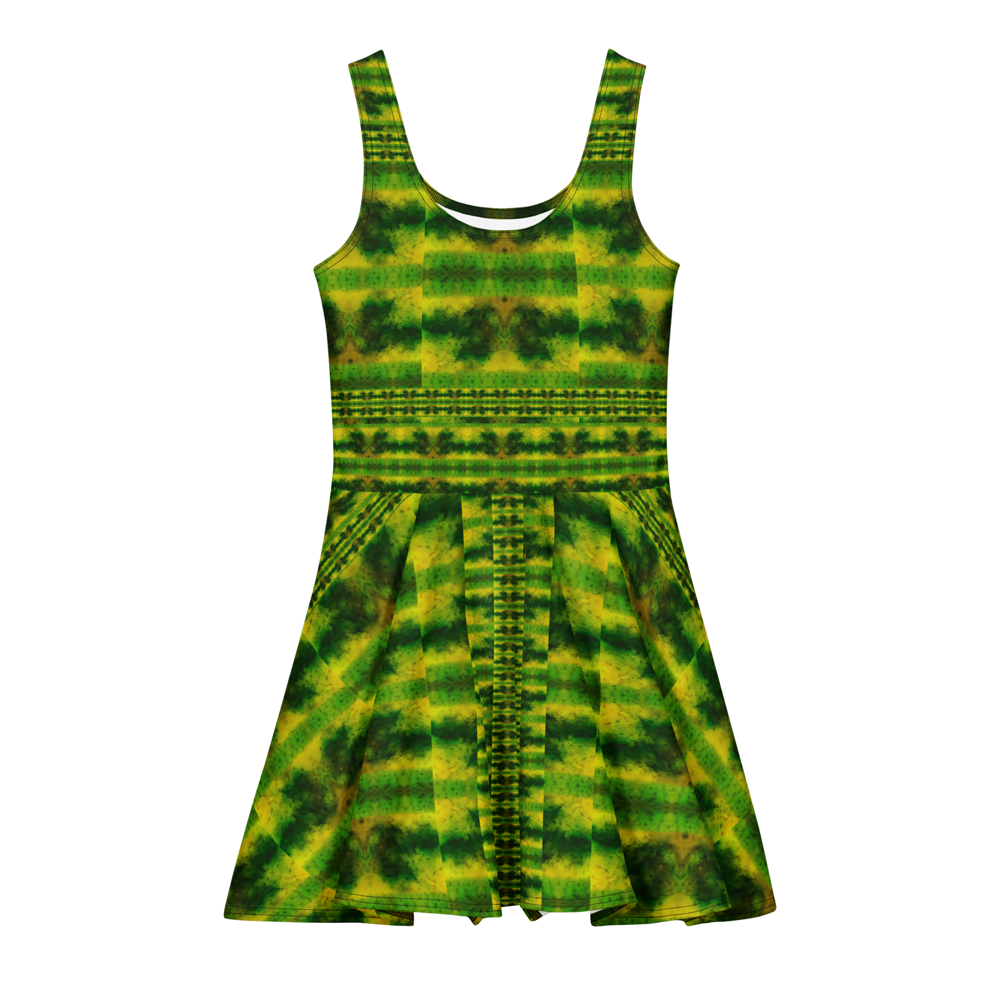 Purely Jade Light sleeveless Cotton Skater Dress with yellow-green and deep green jade-light print, front view with scoop neckline and flared skirt