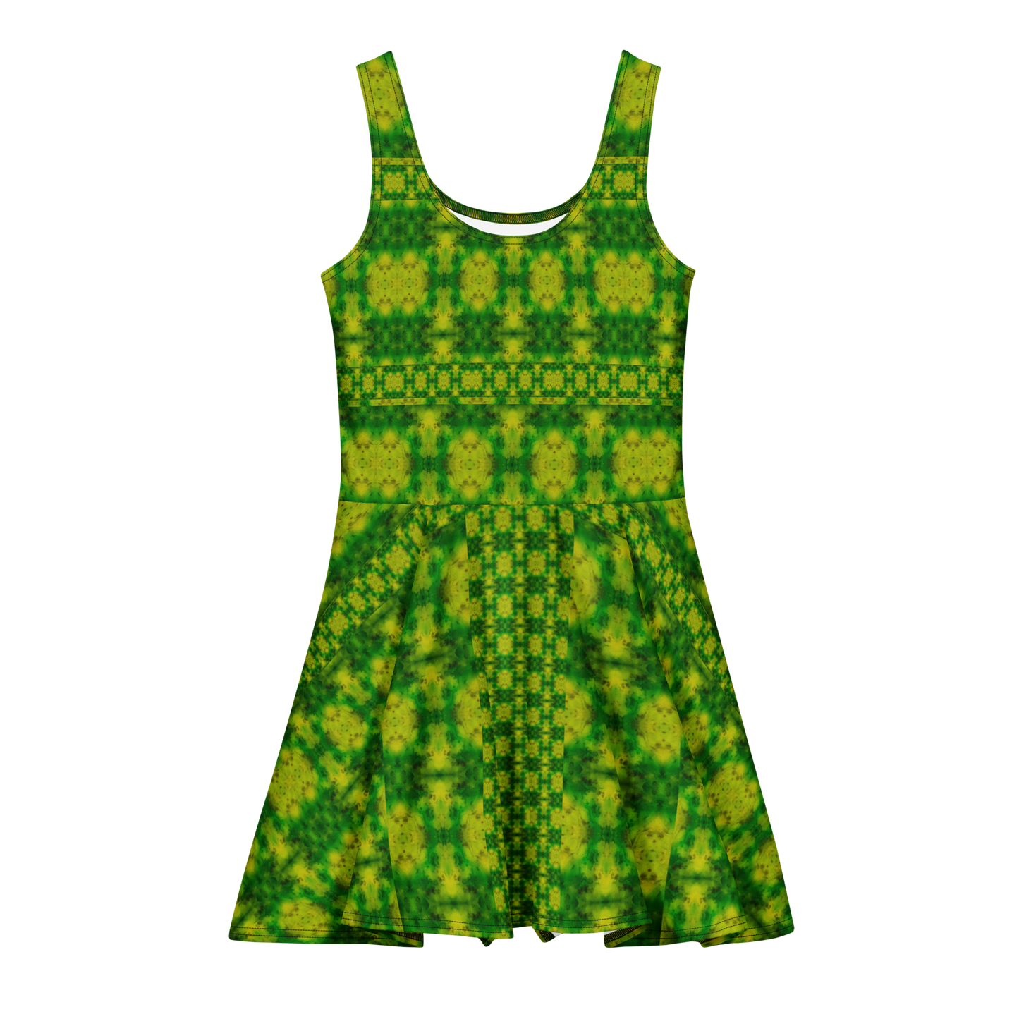 Purely Jade Light sleeveless Cotton Skater Dress with yellow-green and green jade-light print, front view with scoop neckline and flared skirt