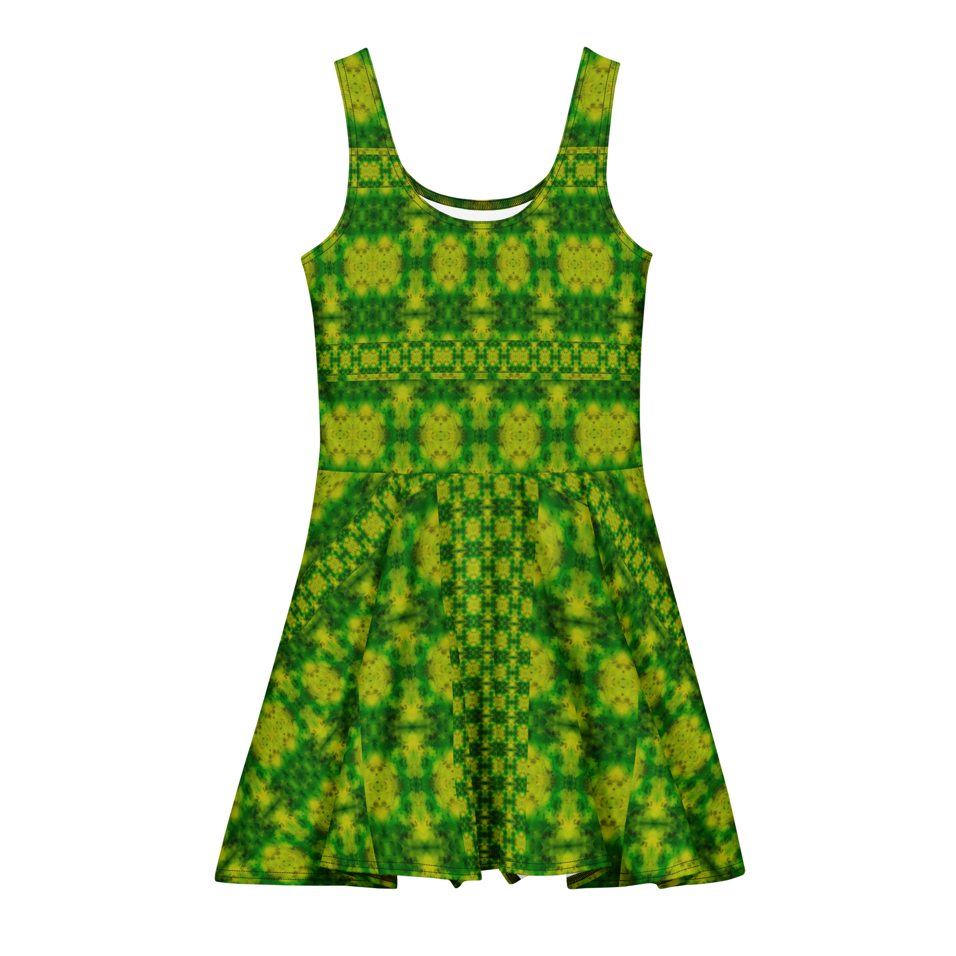 Purely Jade Light sleeveless Cotton Skater Dress with yellow-green and green jade-light print, front view with scoop neckline and flared skirt