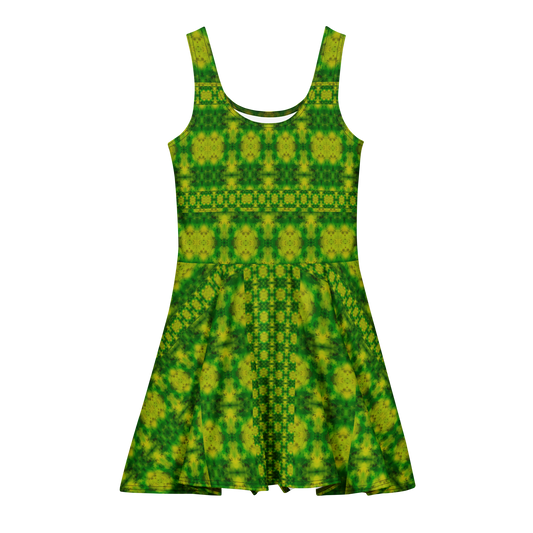 Purely Jade Light sleeveless Cotton Skater Dress with yellow-green and green jade-light print, front view with scoop neckline and flared skirt