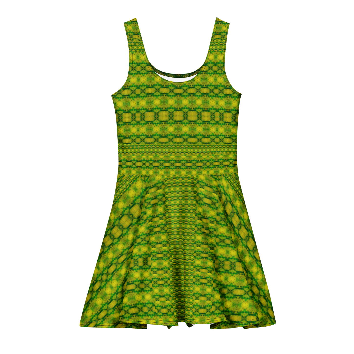 Purely Jade Light sleeveless Cotton Skater Dress with yellow-green and green jade-light print, front view with scoop neckline and flared skirt