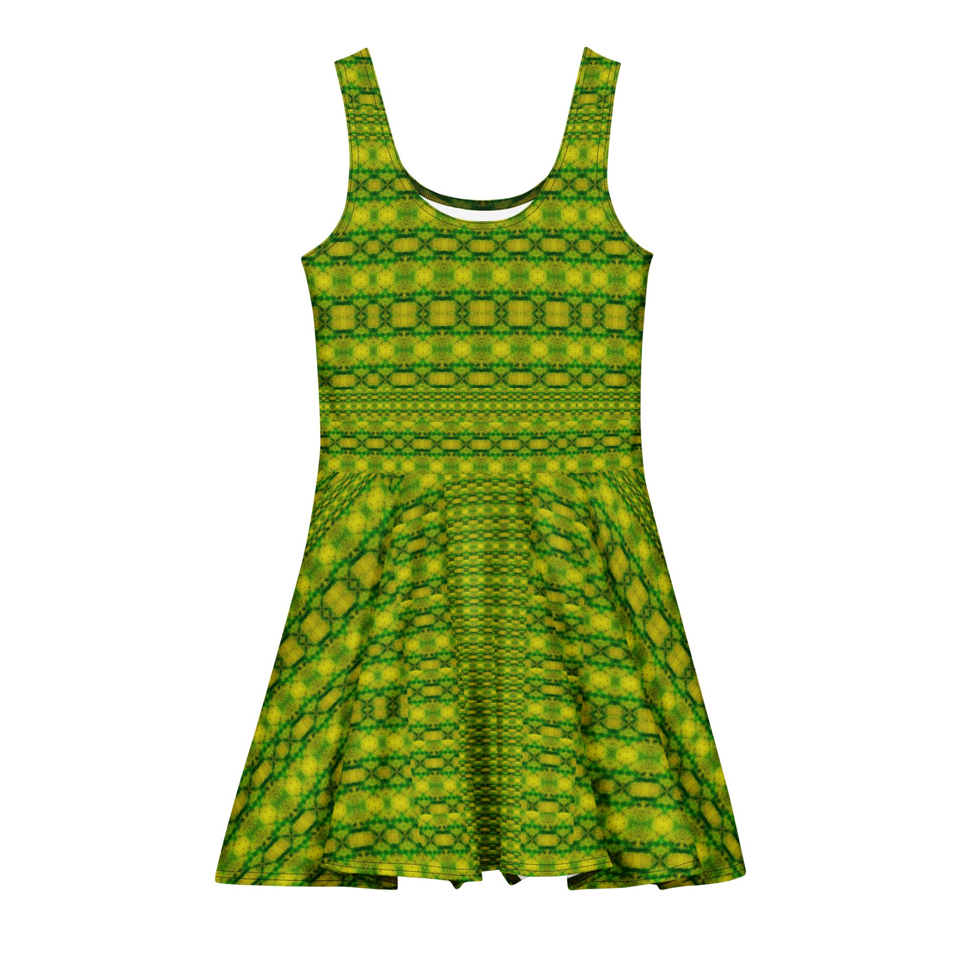 Purely Jade Light sleeveless Cotton Skater Dress with yellow-green and green jade-light print, front view with scoop neckline and flared skirt