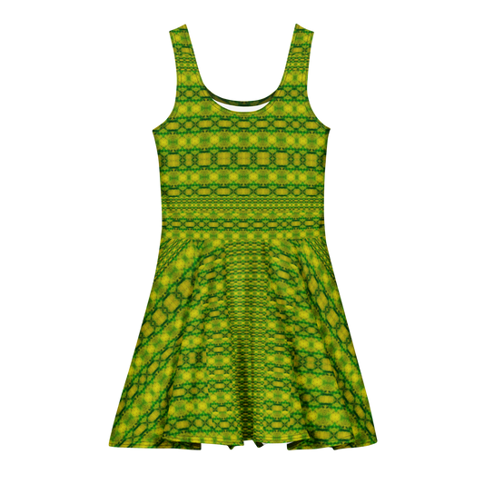 Purely Jade Light sleeveless Cotton Skater Dress with yellow-green and green jade-light print, front view with scoop neckline and flared skirt