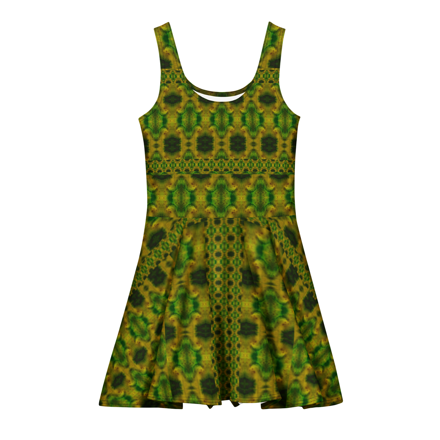 Purely Jade Light sleeveless Cotton Skater Dress with green-and-gold jade-light print with deep green accents, front view with scoop neckline and flared skirt