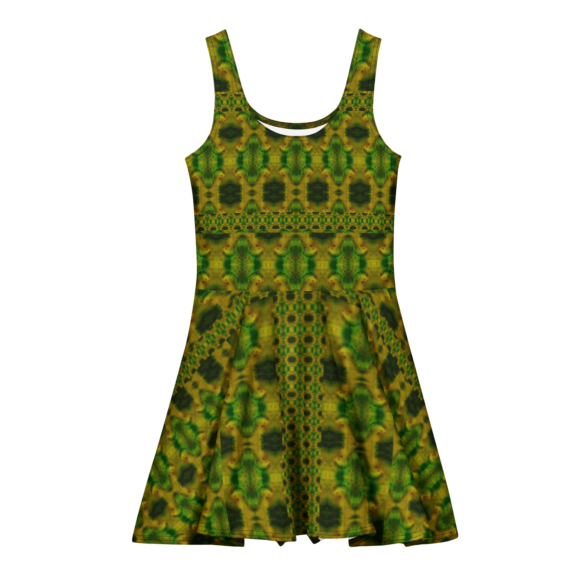 Purely Jade Light sleeveless Cotton Skater Dress with green-and-gold jade-light print with deep green accents, front view with scoop neckline and flared skirt