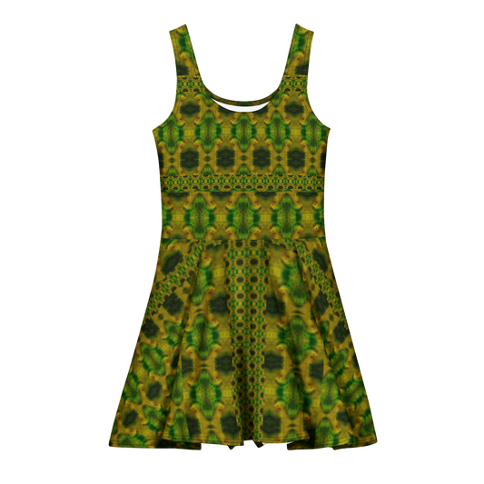 Purely Jade Light sleeveless Cotton Skater Dress with green-and-gold jade-light print with deep green accents, front view with scoop neckline and flared skirt