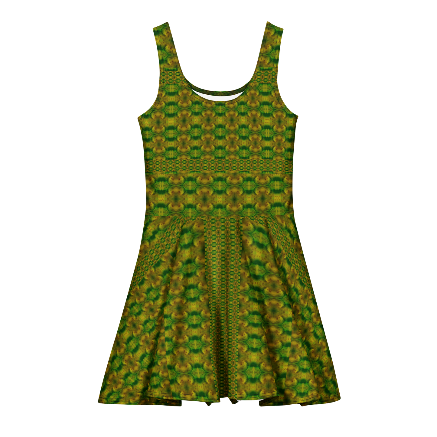 Purely Jade Light sleeveless Cotton Skater Dress with green-and-gold jade-light print, front view with scoop neckline and flared skirt