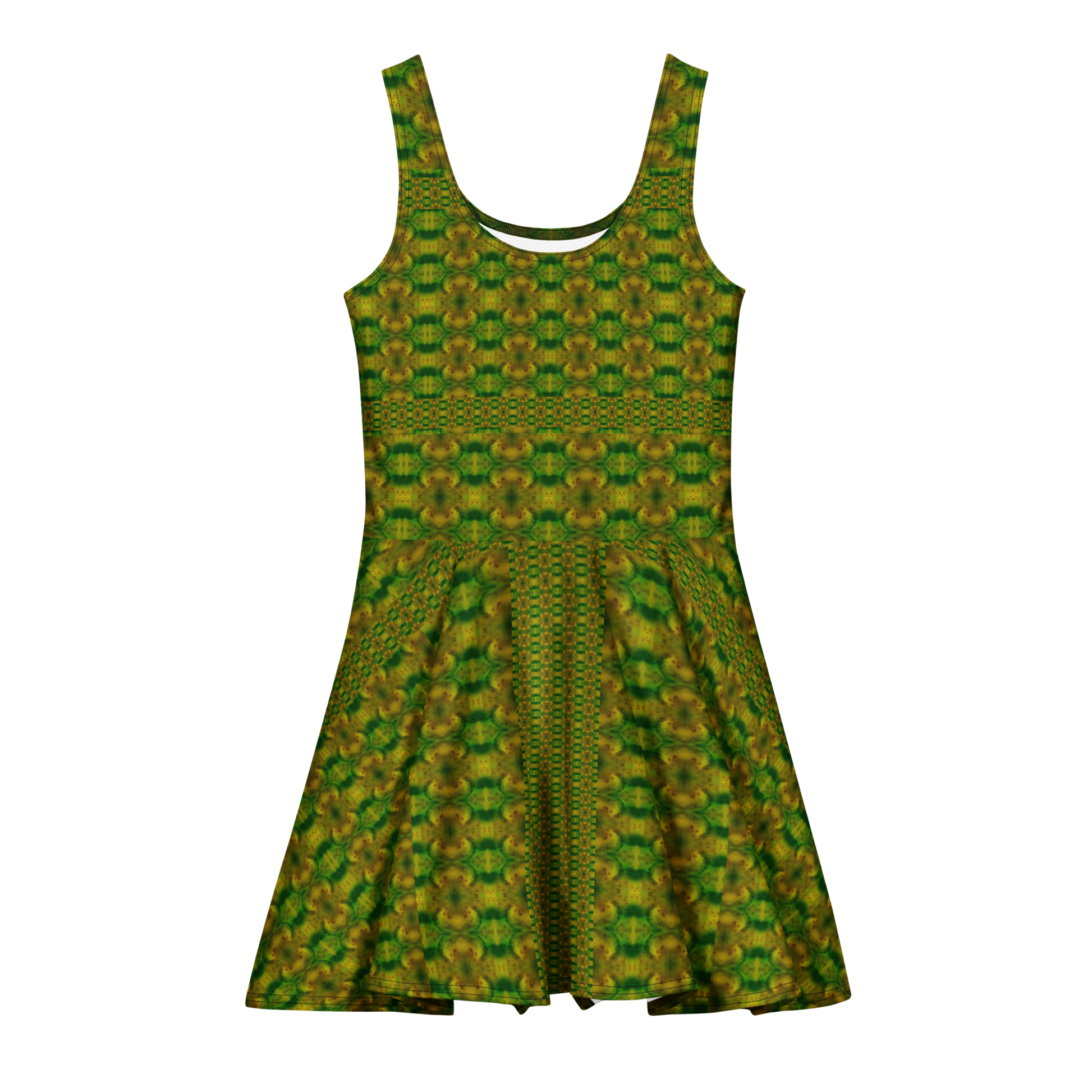 Purely Jade Light sleeveless Cotton Skater Dress with green-and-gold jade-light print, front view with scoop neckline and flared skirt