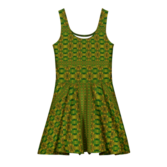 Purely Jade Light sleeveless Cotton Skater Dress with green-and-gold jade-light print, front view with scoop neckline and flared skirt