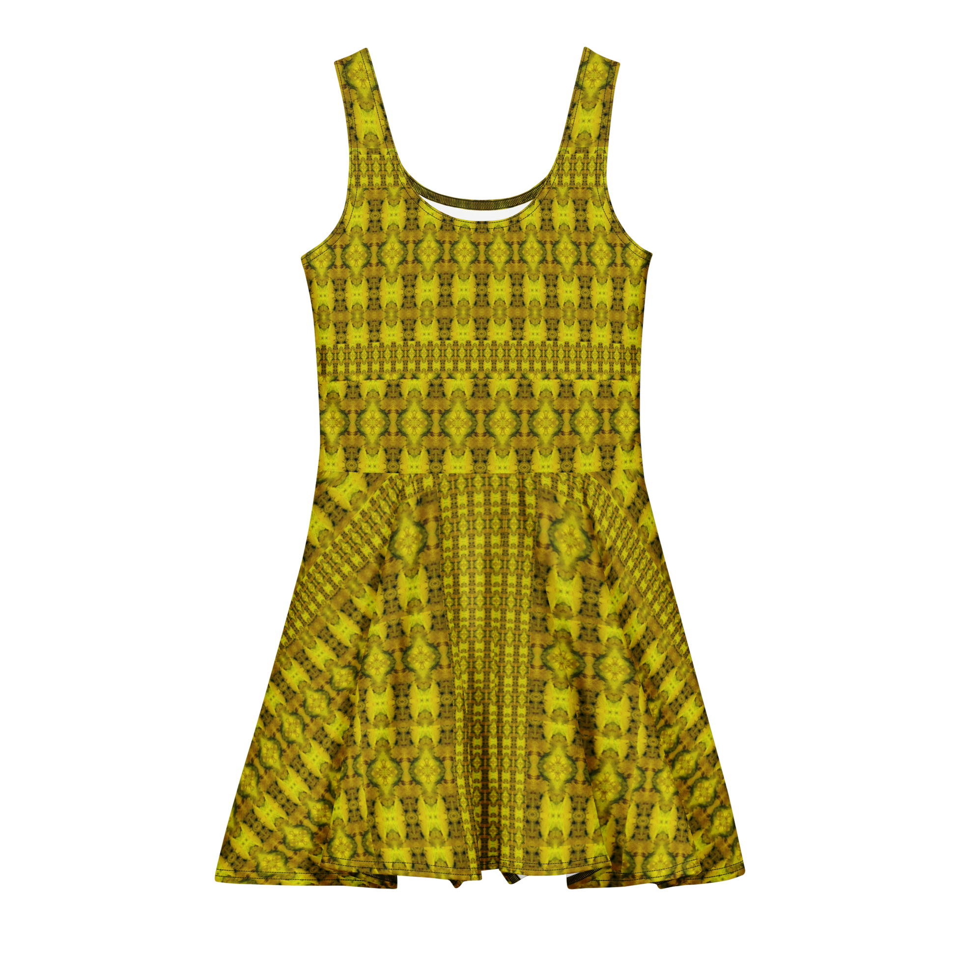 Purely Jade Light sleeveless Cotton Skater Dress with gold jade-light print with green accents, front view with scoop neckline and flared skirt