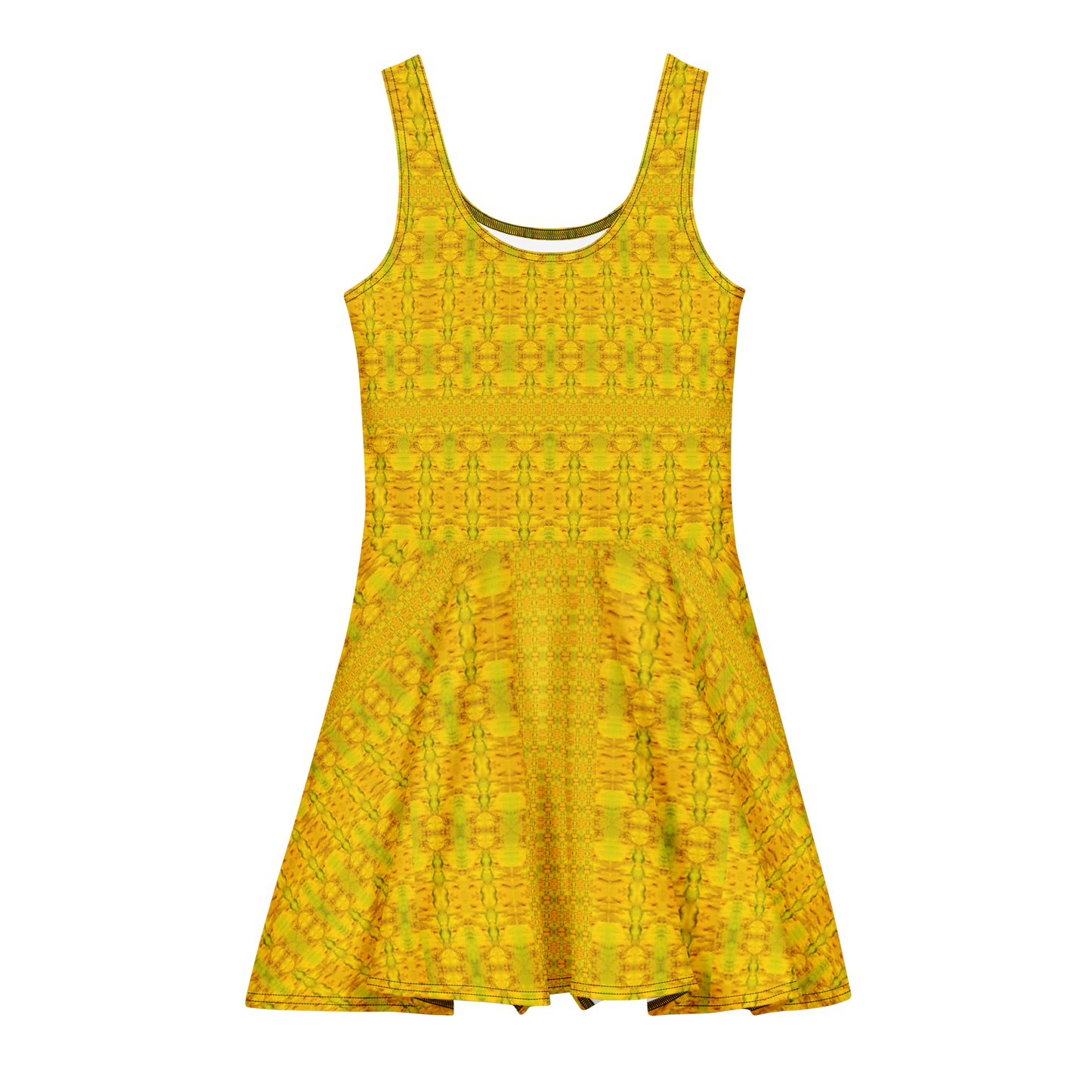 Purely Jade Light sleeveless Cotton Skater Dress with gold jade-light print, front view with scoop neckline and flared skirt