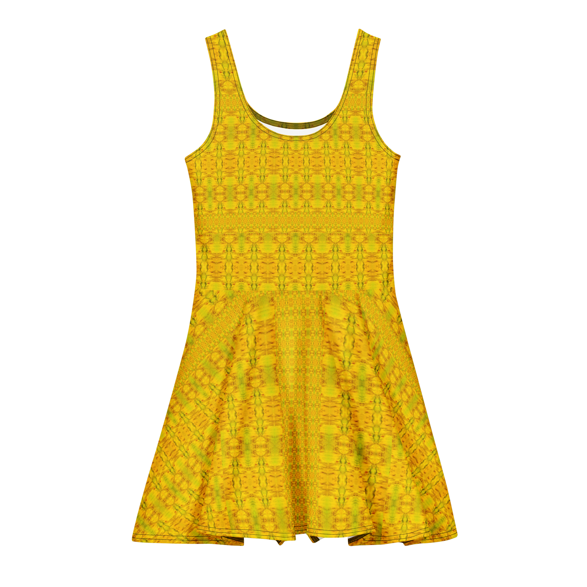 Purely Jade Light sleeveless Cotton Skater Dress with gold jade-light print, front view with scoop neckline and flared skirt