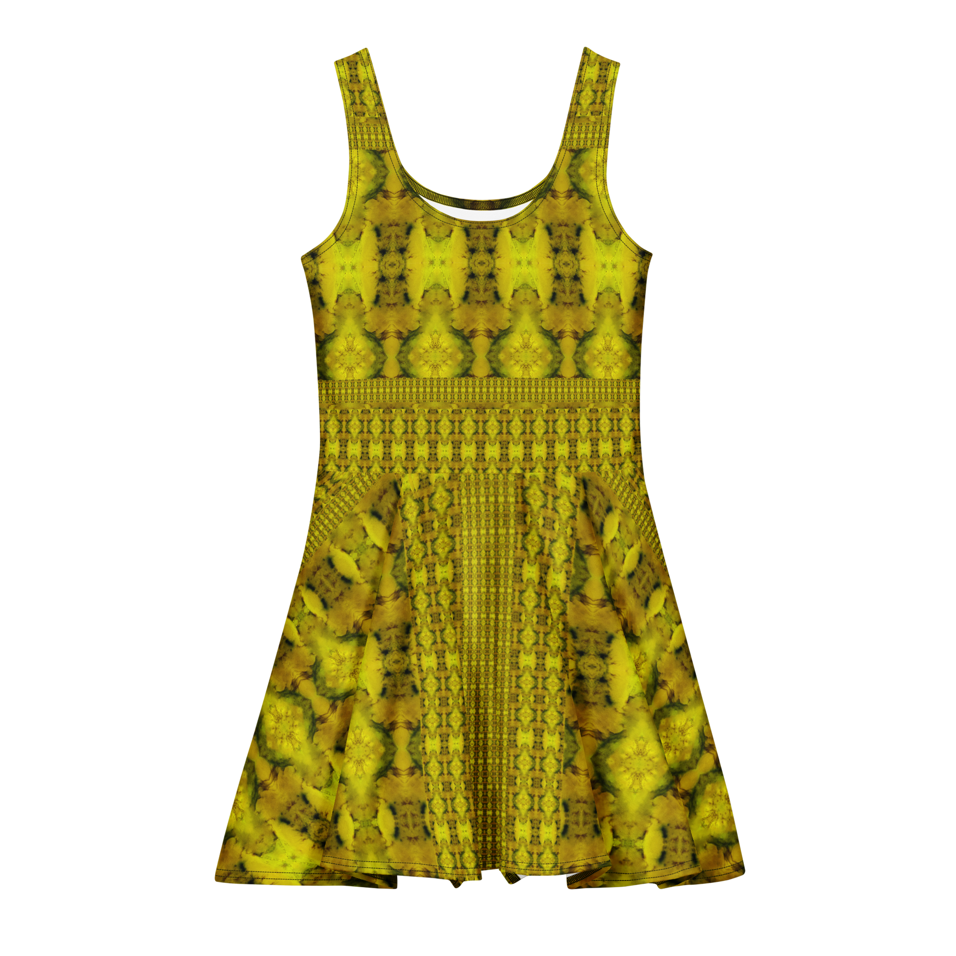 Purely Jade Light sleeveless Cotton Skater Dress with gold jade-light print, front view with scoop neckline and flared skirt