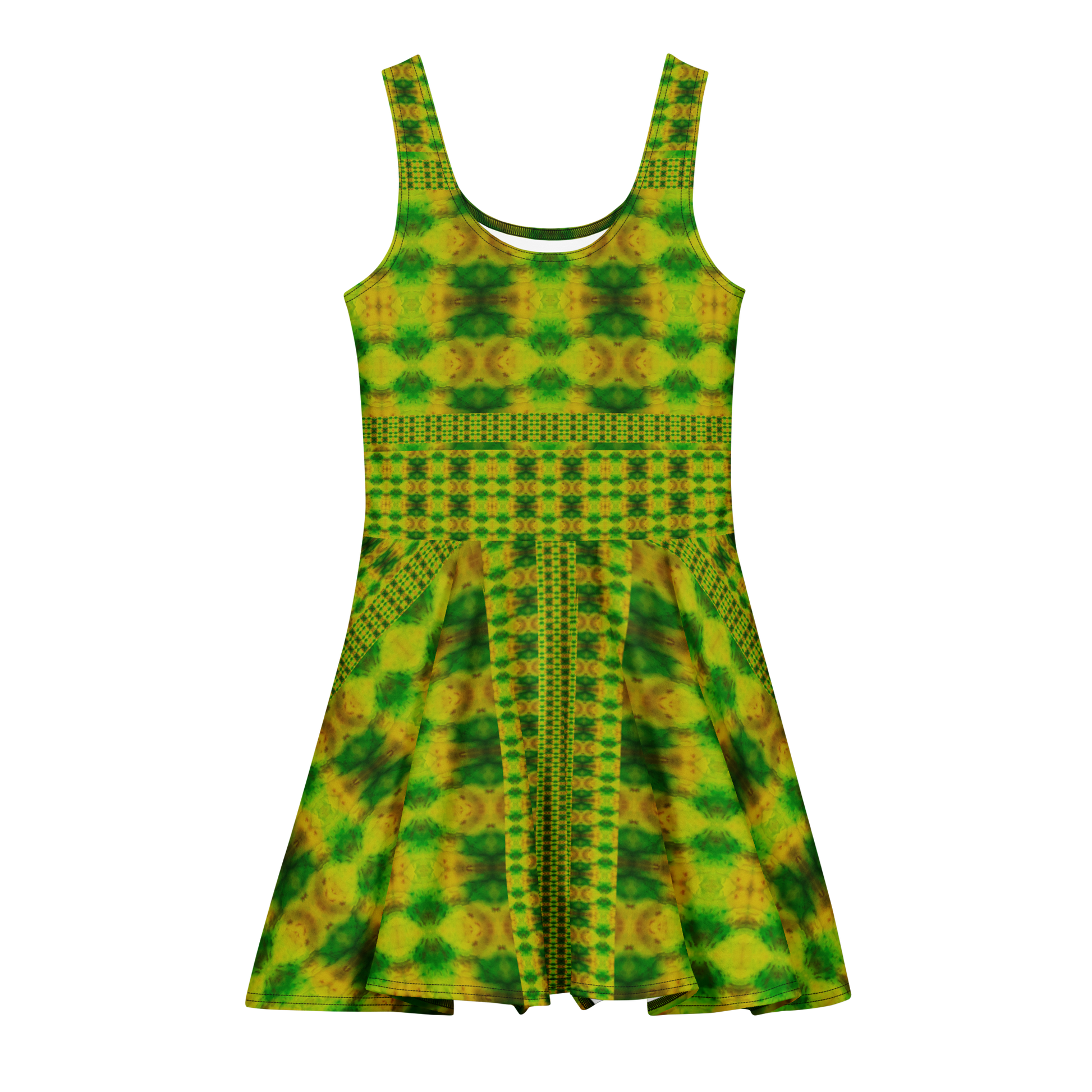 Purely Jade Light sleeveless Cotton Skater Dress with yellow-green and green jade-light print, front view with scoop neckline and flared skirt