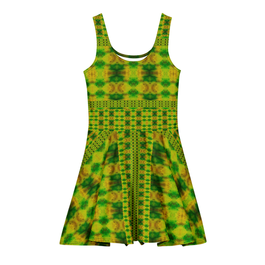 Purely Jade Light sleeveless Cotton Skater Dress with yellow-green and green jade-light print, front view with scoop neckline and flared skirt