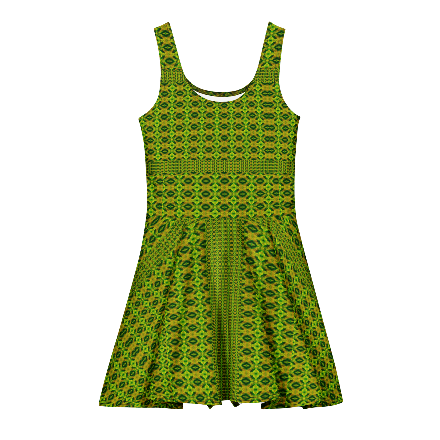Purely Jade Light sleeveless Cotton Skater Dress with green-and-gold geometric jade-light print, front view with scoop neckline and flared skirt