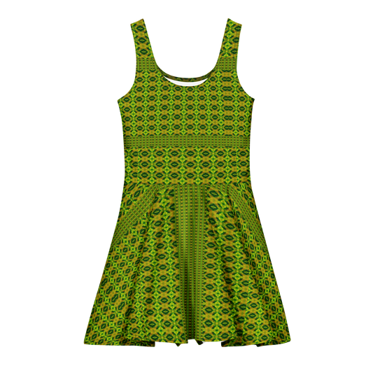 Purely Jade Light sleeveless Cotton Skater Dress with green-and-gold geometric jade-light print, front view with scoop neckline and flared skirt