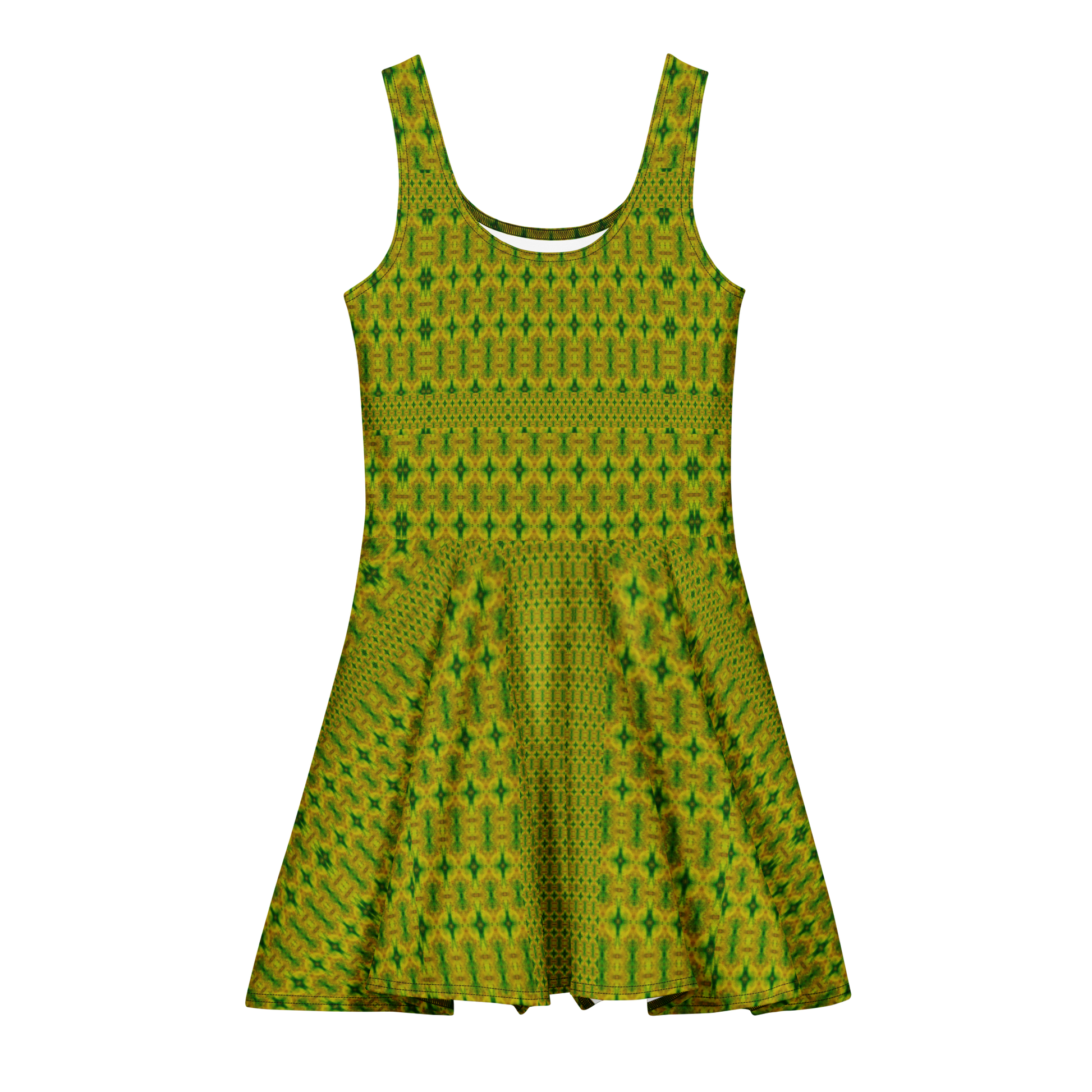 Purely Jade Light sleeveless Cotton Skater Dress with yellow-green jade-light print, front view with scoop neckline and flared skirt
