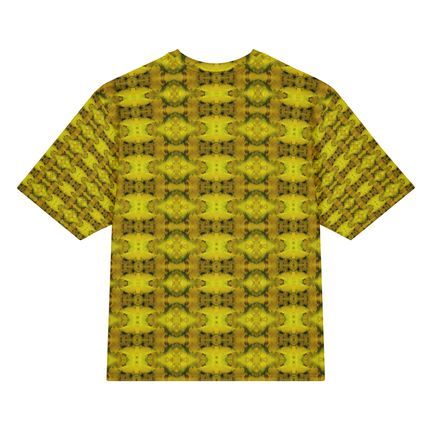 Back view of Purely Jade Light Cotton OverSized T-Shirt with yellow-gold jade medallion grid, green veining, and patterned sleeve panels by RJSTH.