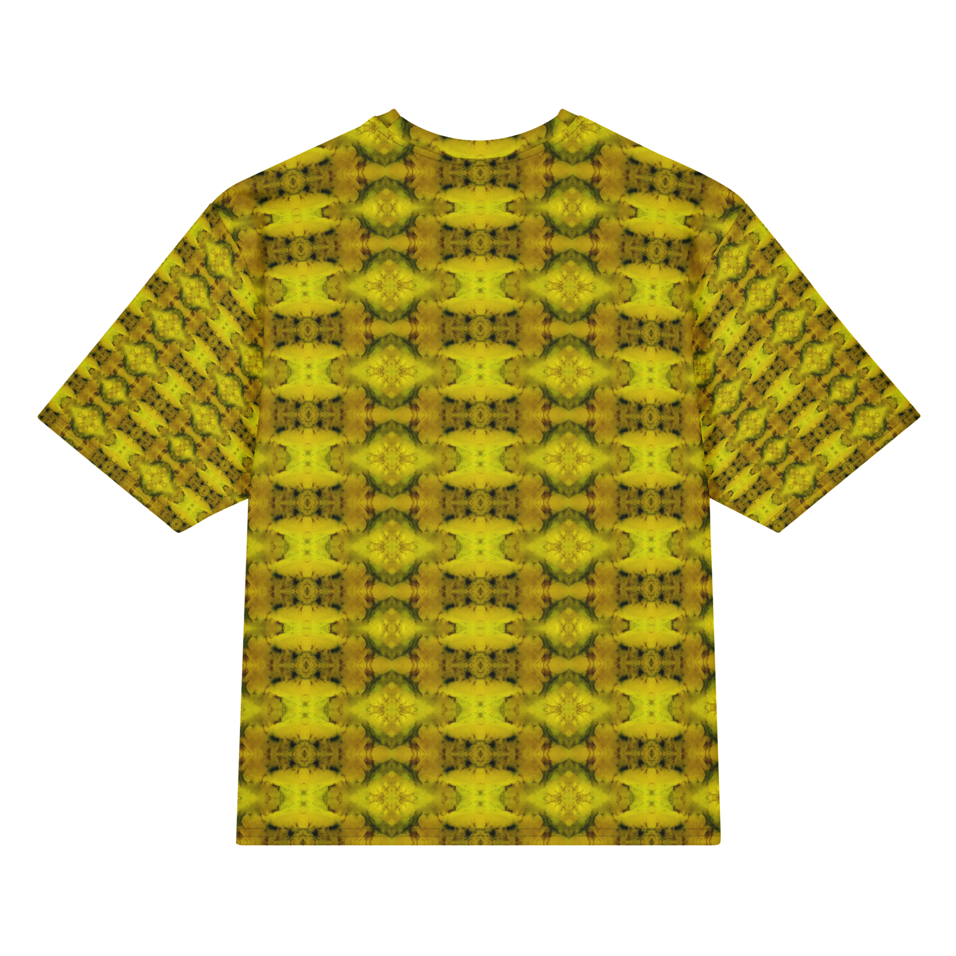 Back view of Purely Jade Light Cotton OverSized T-Shirt with yellow-gold jade medallion grid, green veining, and patterned sleeve panels by RJSTH.