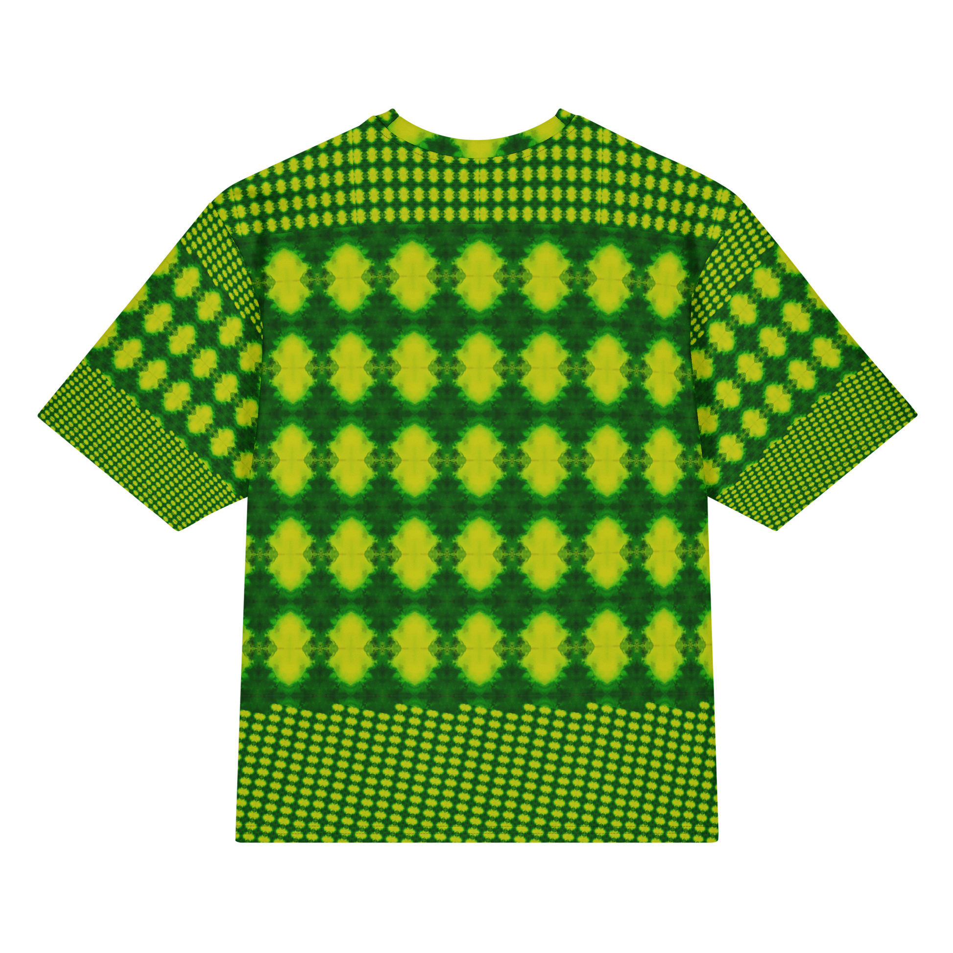 Back view of Purely Jade Light Cotton OverSized T-Shirt with bright green-and-yellow diamond rows, dotted lower band, and patterned sleeves by RJSTH.