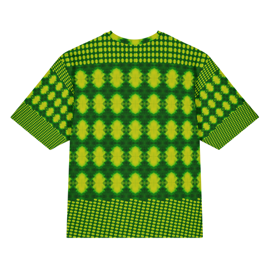 Back view of Purely Jade Light Cotton OverSized T-Shirt with bright green-and-yellow diamond rows, dotted lower band, and patterned sleeves by RJSTH.