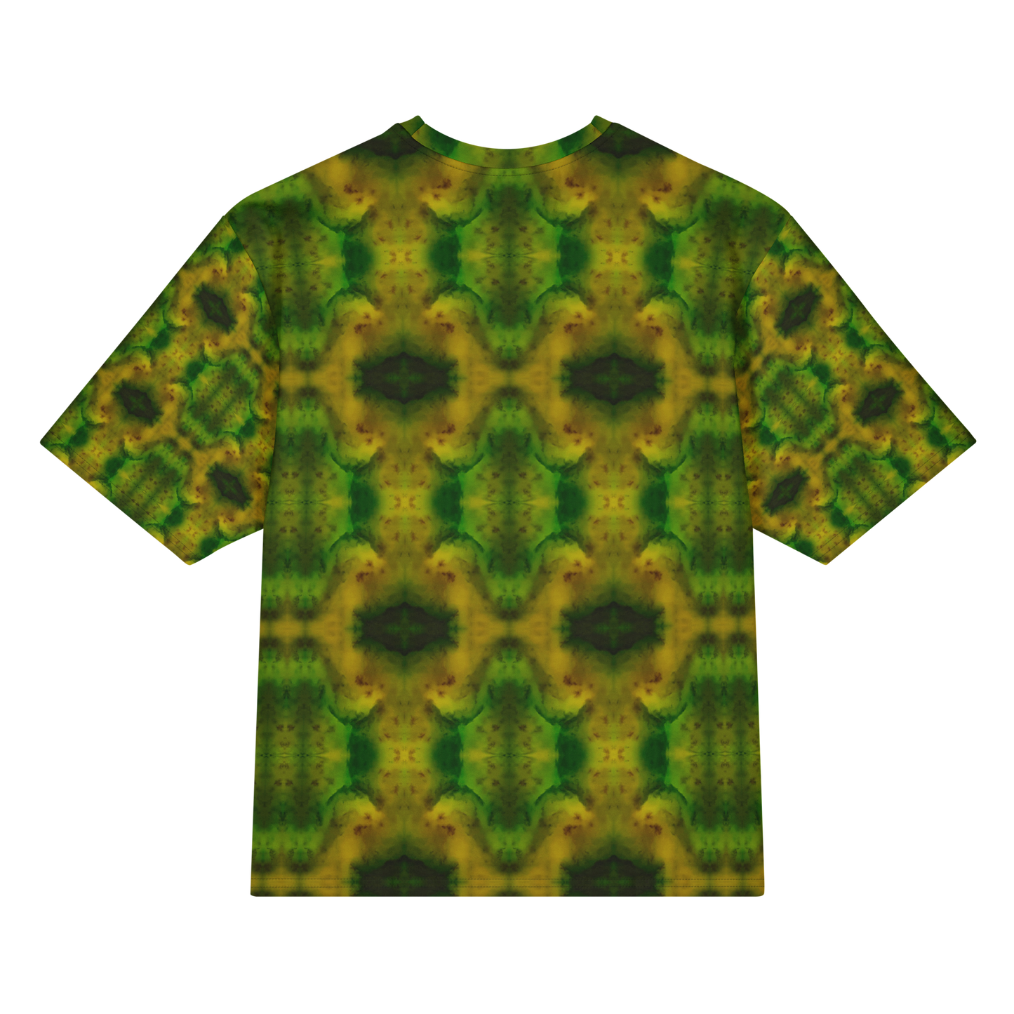 Back view of Purely Jade Light Cotton OverSized T-Shirt with green-gold jade chambers, dark-centered diamond medallions, and patterned sleeves by RJSTH.
