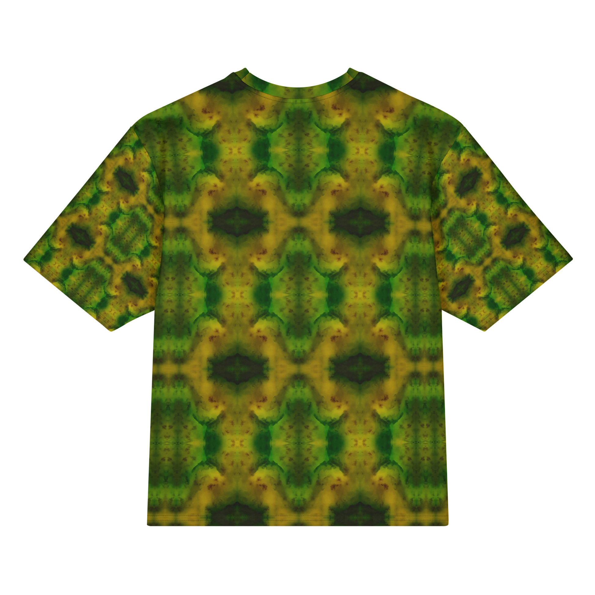 Back view of Purely Jade Light Cotton OverSized T-Shirt with green-gold jade chambers, dark-centered diamond medallions, and patterned sleeves by RJSTH.