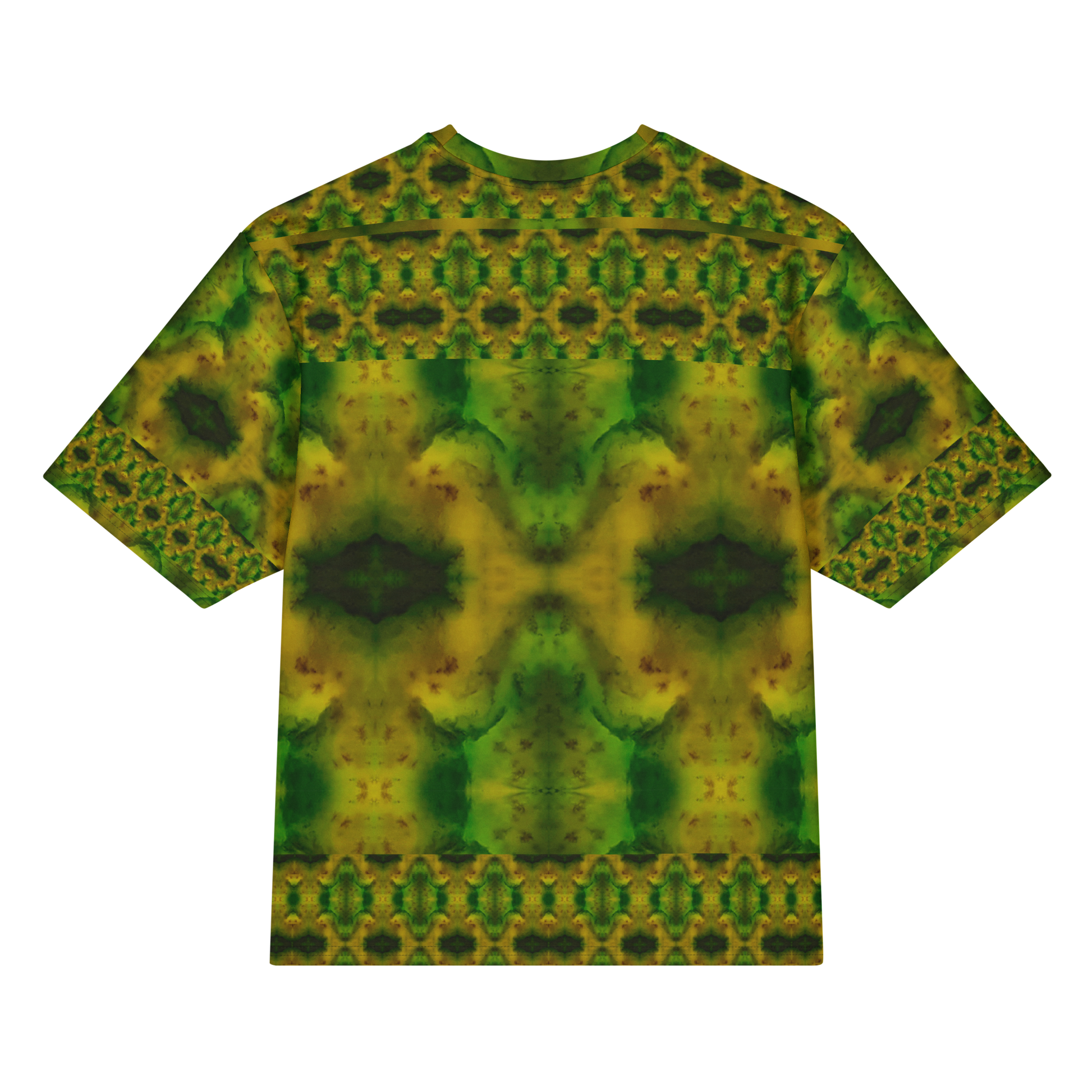 Back view of Purely Jade Light Cotton OverSized T-Shirt with green-gold jade chamber field, dark central shapes, and ornate upper and lower bands by RJSTH.