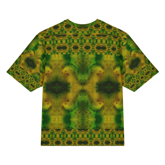 Back view of Purely Jade Light Cotton OverSized T-Shirt with green-gold jade chamber field, dark central shapes, and ornate upper and lower bands by RJSTH.