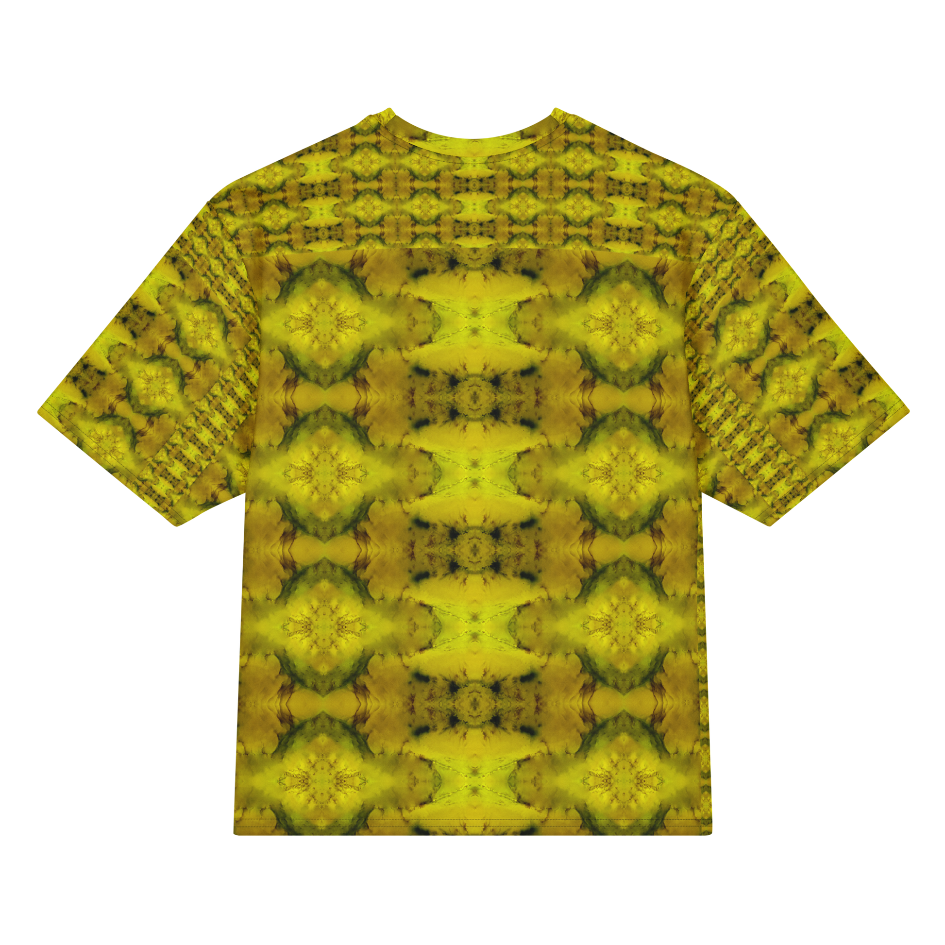 Back view of Purely Jade Light Cotton OverSized T-Shirt with yellow-gold jade print, large mirrored diamond medallions, and patterned sleeves by RJSTH.